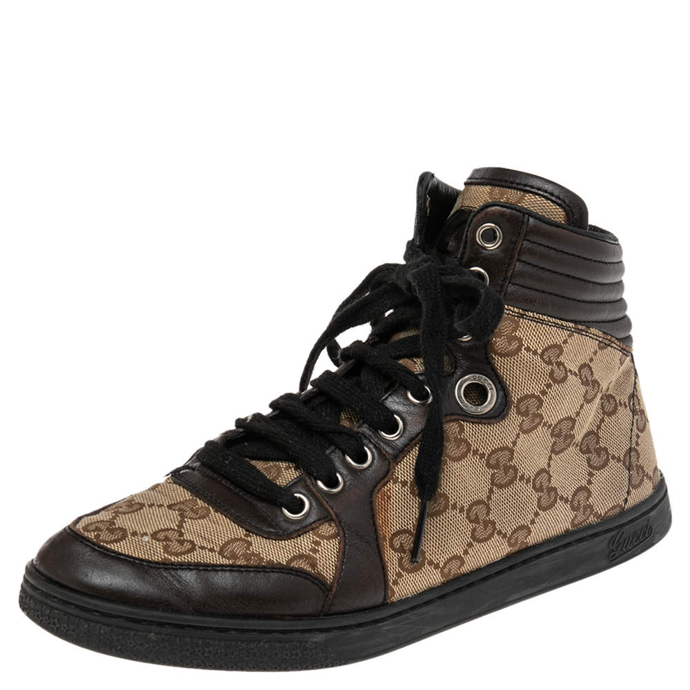 مملوكة مسبقًا Gucci Brown/Beige GG Canvas and Leather Lace Up High Top Sneakers Size 37