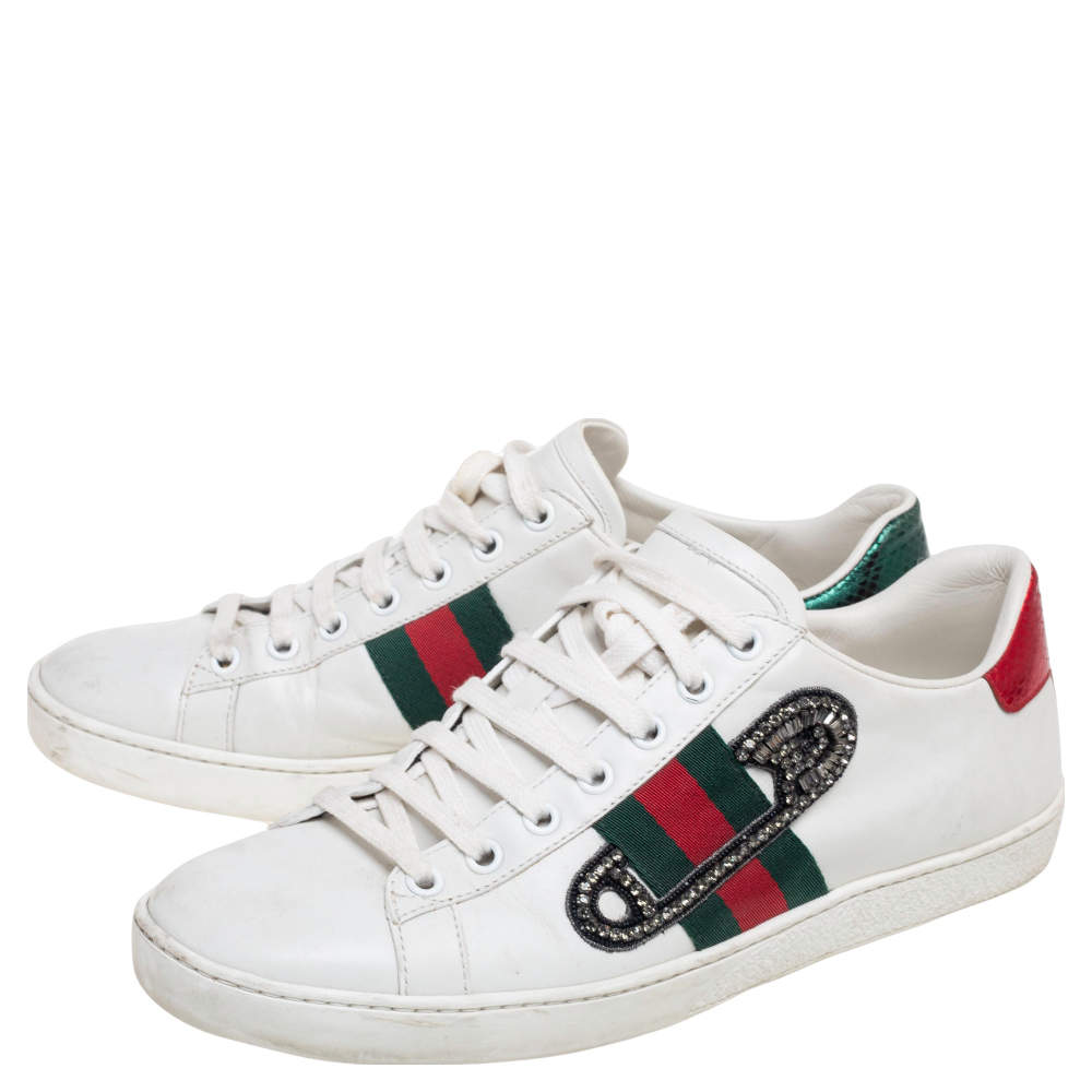Gucci White Leather Ace Safety Pin Embellished Low Top Sneakers Size 38.5
