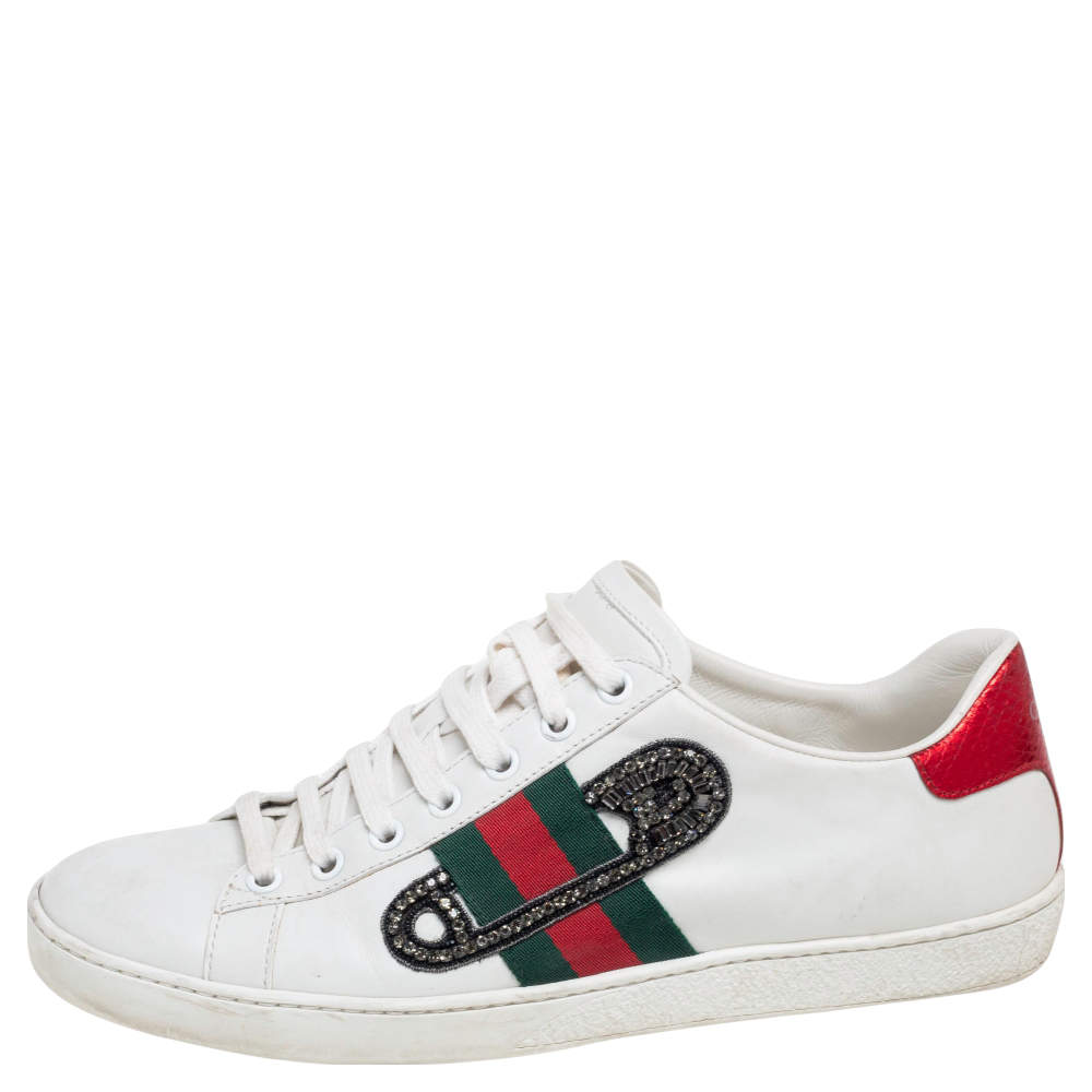 Gucci White Leather Ace Safety Pin Embellished Low Top Sneakers Size 38.5