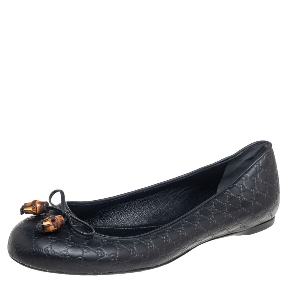 Pre Owned حذاء فلات باليرينا غوتشي شراشيب فيونكة بامبو جلد غوتشيسيما أسود مقاس 38.5