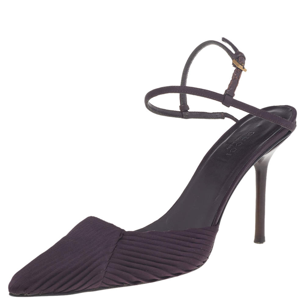 Gucci Purple Pleated Fabric Pointed Toe Ankle Strap Sandals Size 37