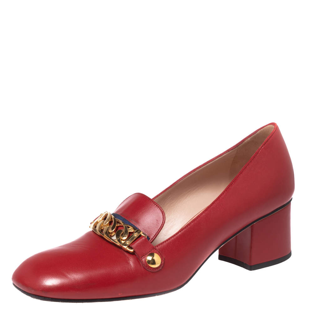 Gucci Red Leather Sylvie Chain Embellished Block Heel Pumps Size 39 ...