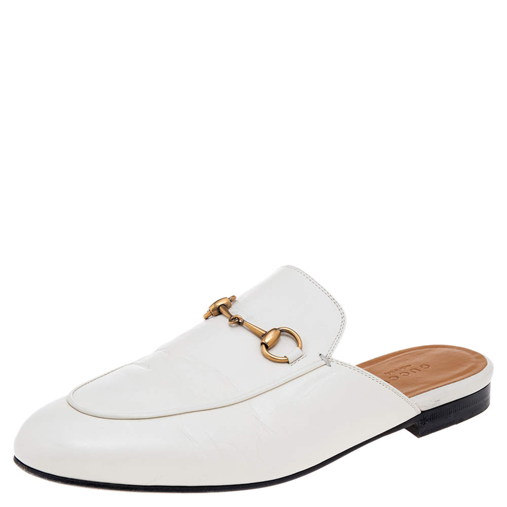 Gucci Off White Leather Princetown Horsebit Mules Size 38.5