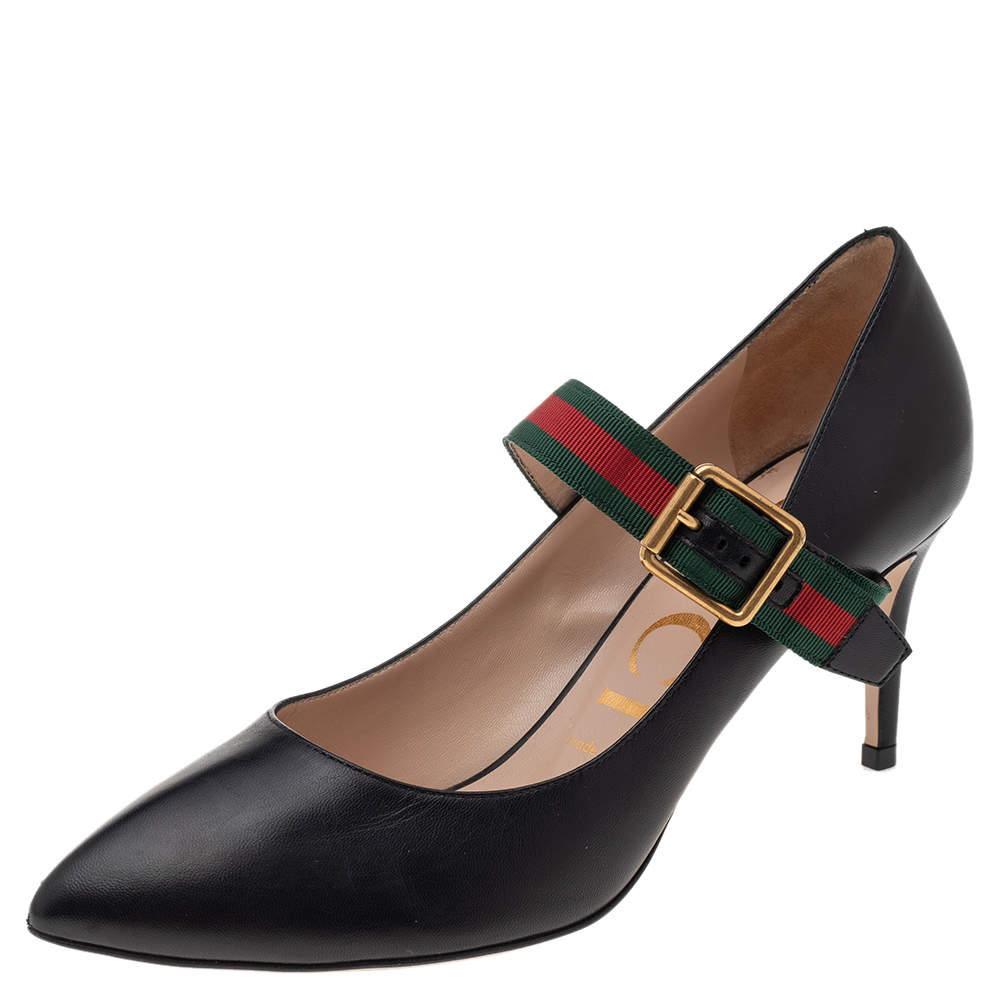 Gucci Black Leather Sylvie Mary Jane Pumps Size 38