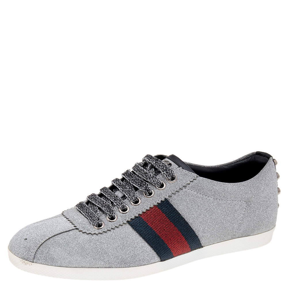 مملوكة مسبقًا Gucci Metallic Silver Glitter Bambi Web Detail Studded Low Top Sneakers Size 38