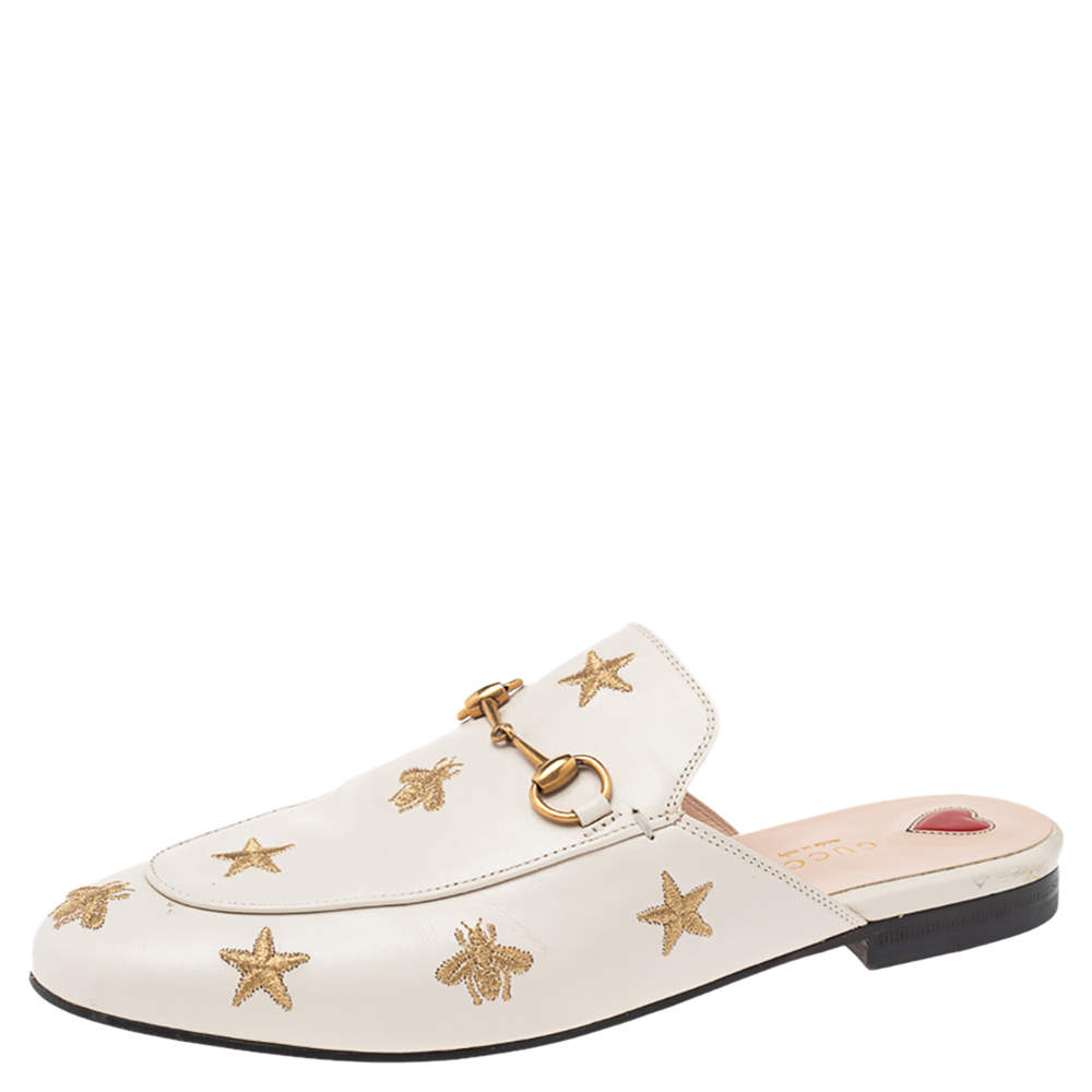 Pre Owned Gucci White Star And Bee Embroidered Leather Princetown Horsebti Mules Size 38.5