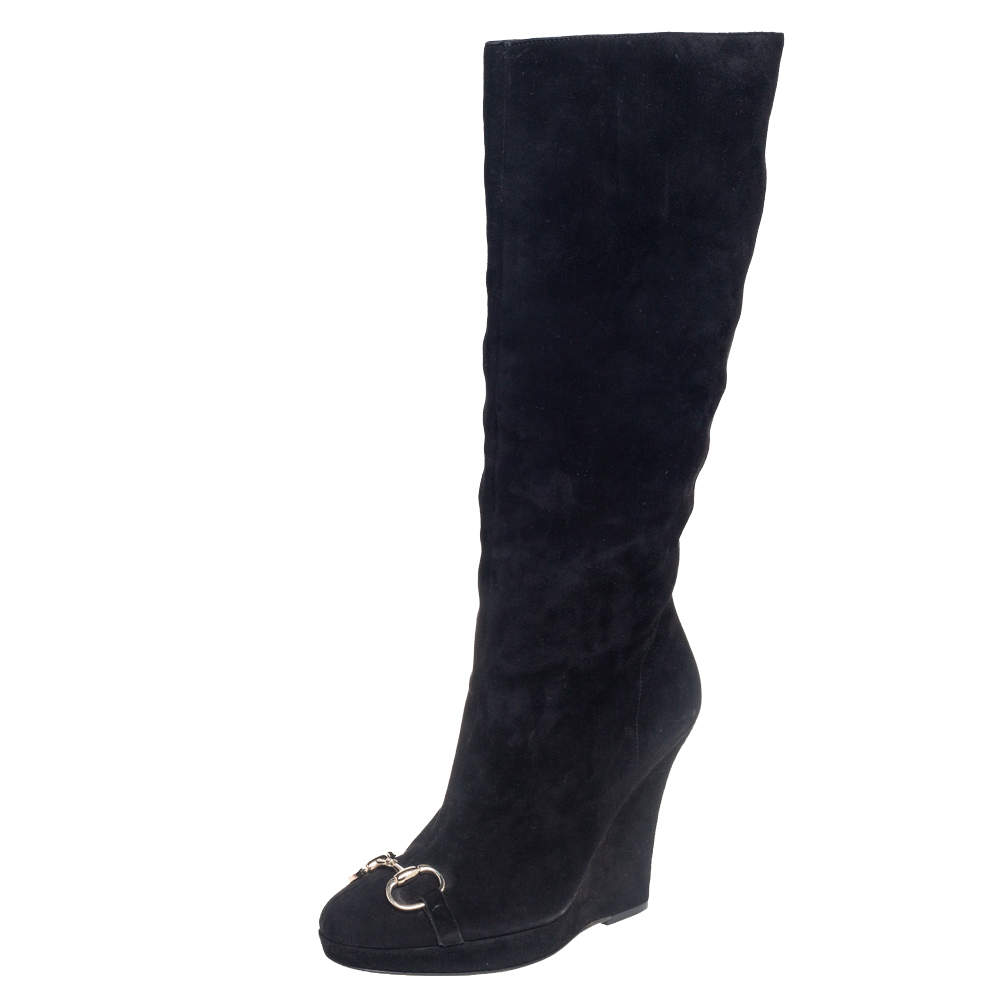 Pre Owned Gucci Black Suede Horse Bit Knee Length Boots Size 39.5