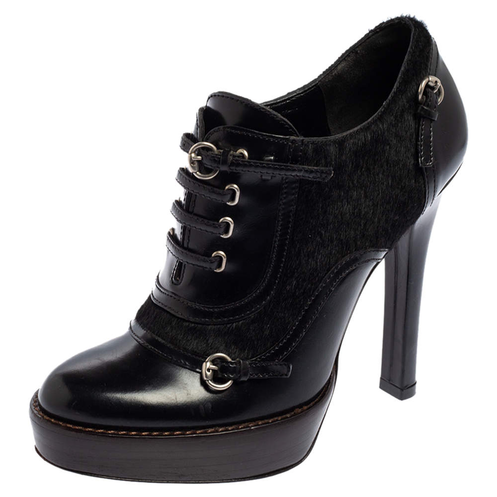Pre Owned Gucci Black Leather And Pony Hair Buckle Detail Platform Ankle Booties Size 34