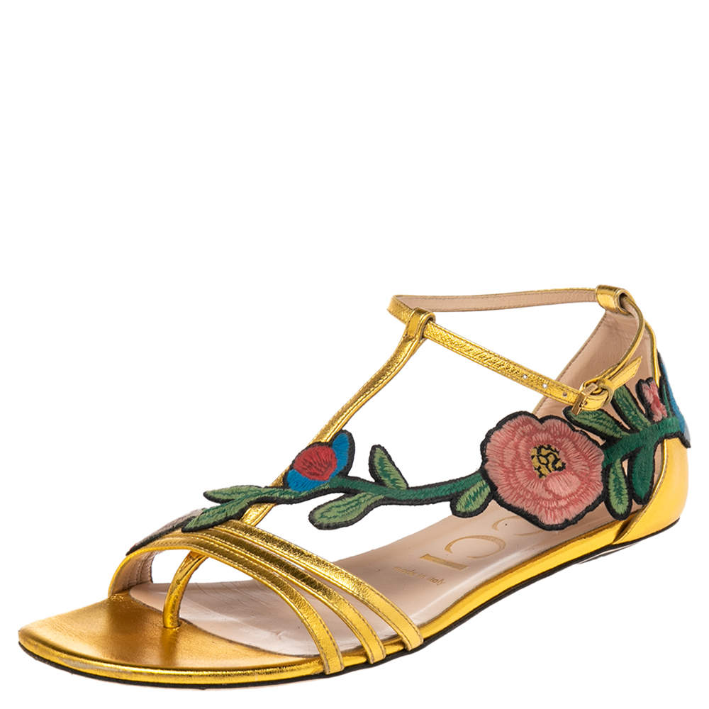 Pre Owned صندل فلات غوتشي أوفيليا جلد ذهبي مطرز مورد مقاس 39