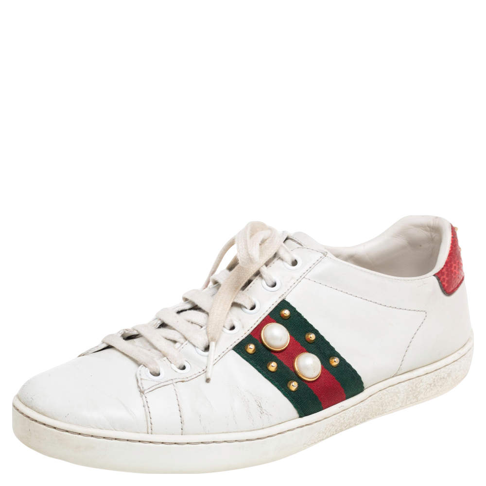 Gucci White Leather Python Trim Web Detail New Ace Faux Pearl Embellished Low Top Sneakers Size 38
