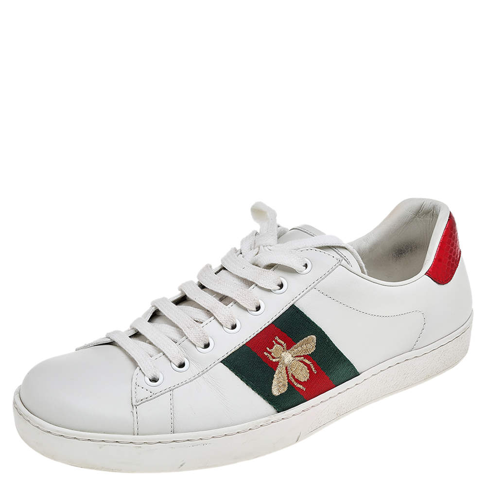 مملوكة مسبقًا Gucci White Leather Embroidered Bee Ace Low Top Sneakers Size 41
