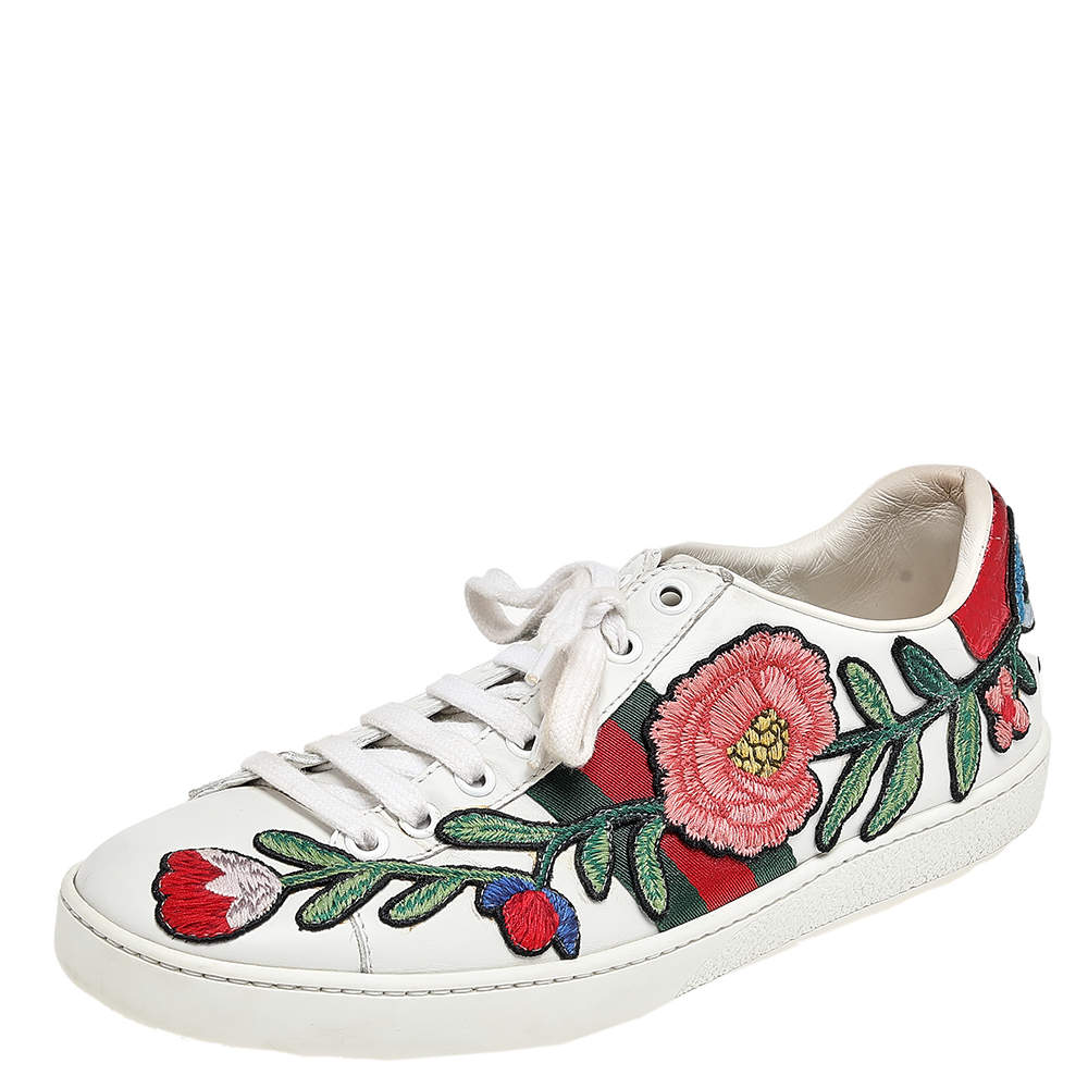 Gucci White Leather Floral Embroidered Ace Low Top Sneakers Size 38