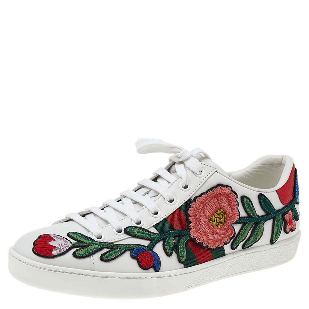 Gucci White Floral Embroidered Leather Ace Low Top Sneakers Size 38