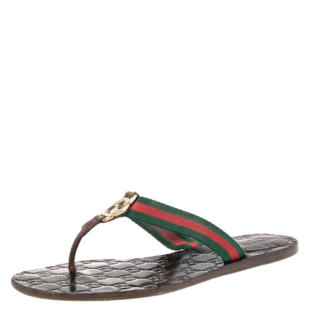 Pre Owned صندل إصبع غوتشي كانفاس جي جي وجلد غوتشيسيما بني سير ويب مقاس 40