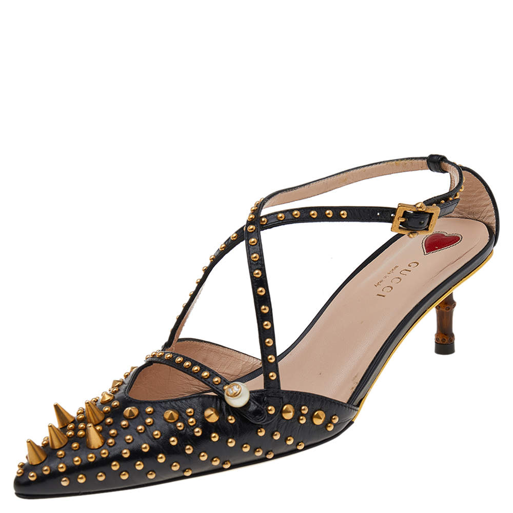 مملوكة مسبقًا Gucci Black Studded Leather Unia Baboo Heel Strappy Sandals Size 39