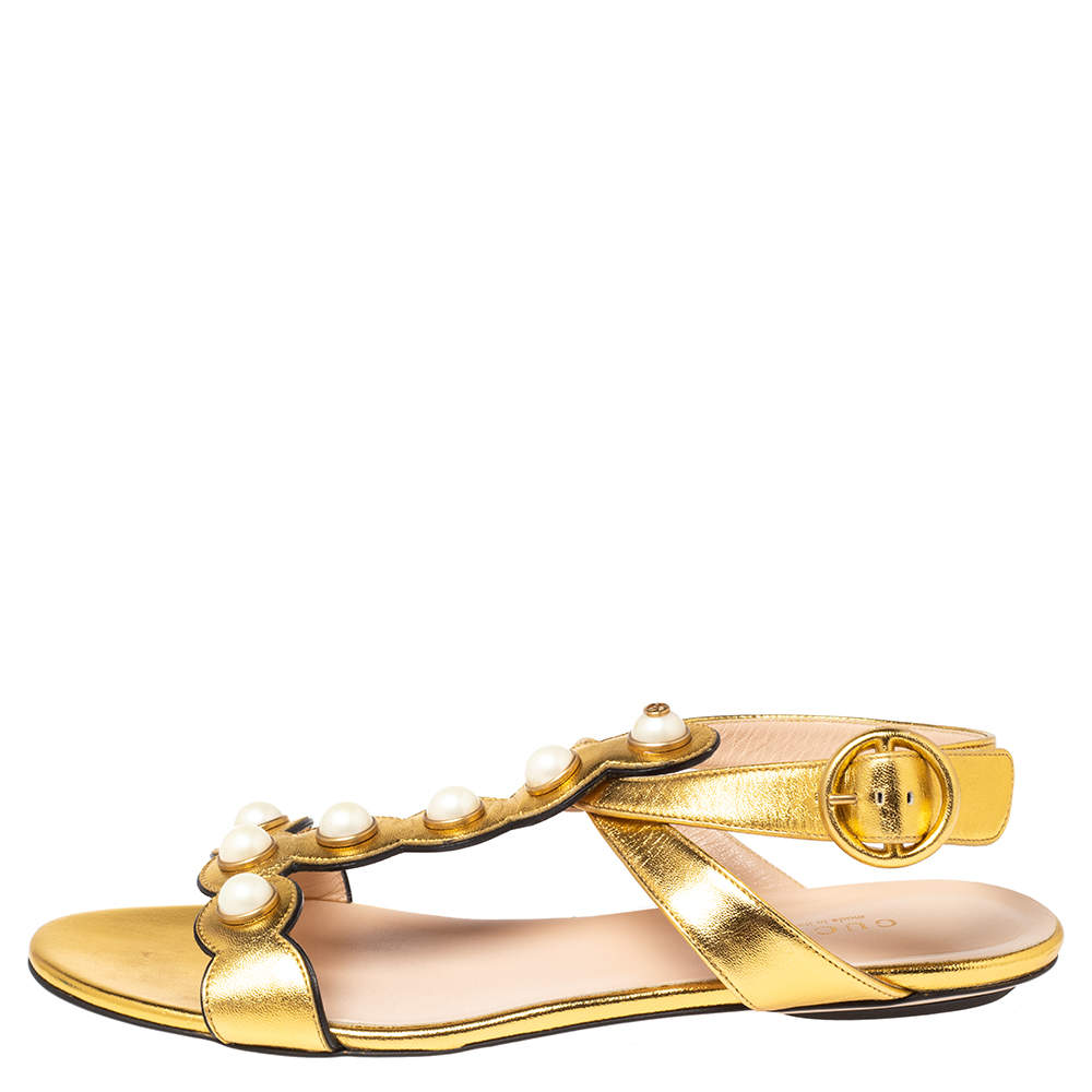 Gucci Allie Platform Runway Gold And Pearl Sandals | eBay