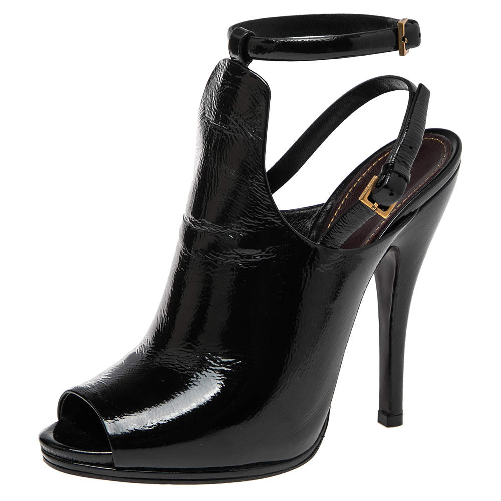 Pre Owned Gucci Black Patent Leather Jane Peep Toe Ankle Strap Booties Size 38.5