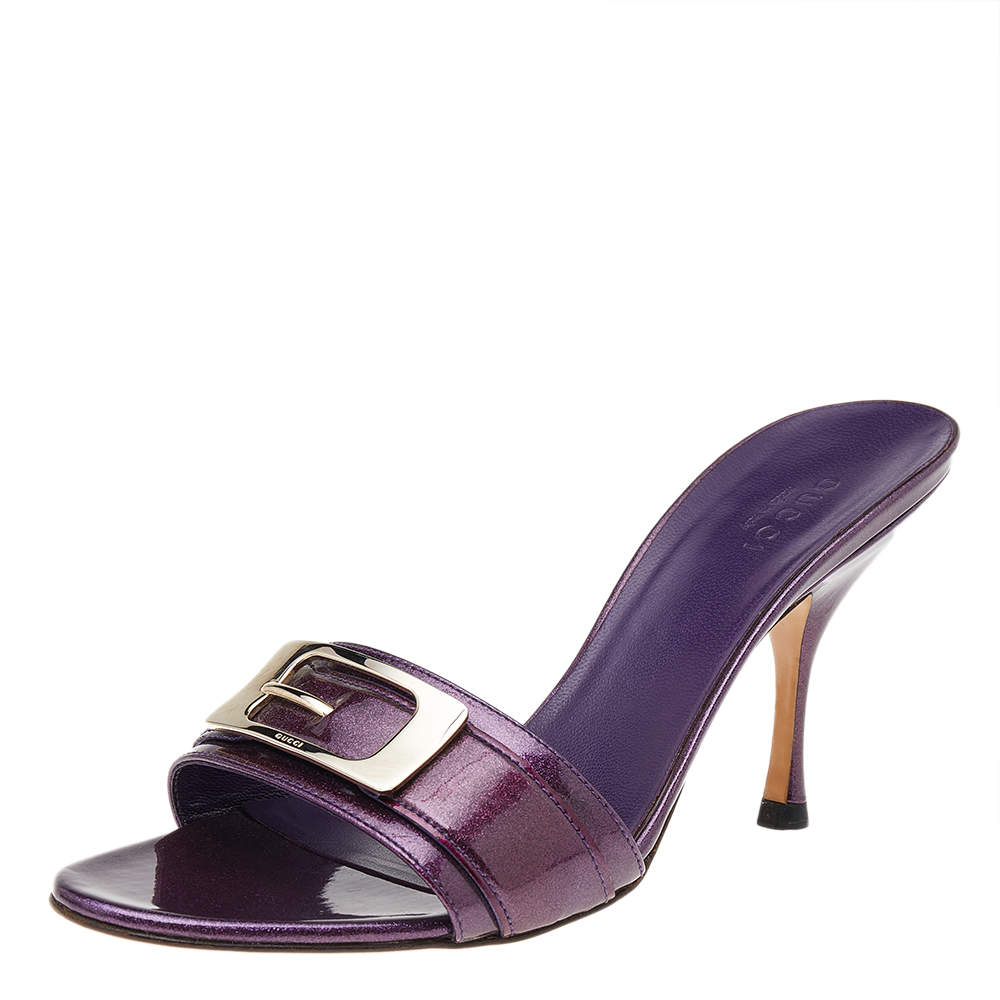 Gucci Purple Glitter Patent Leather Open Toe Sandals Size 36