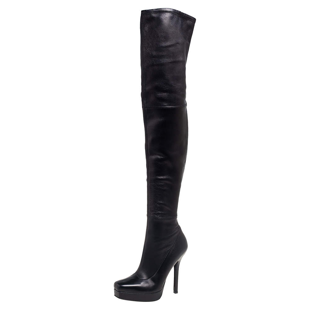 Pre Owned Gucci Black Leather Platform Over The Knee Boots Size 36