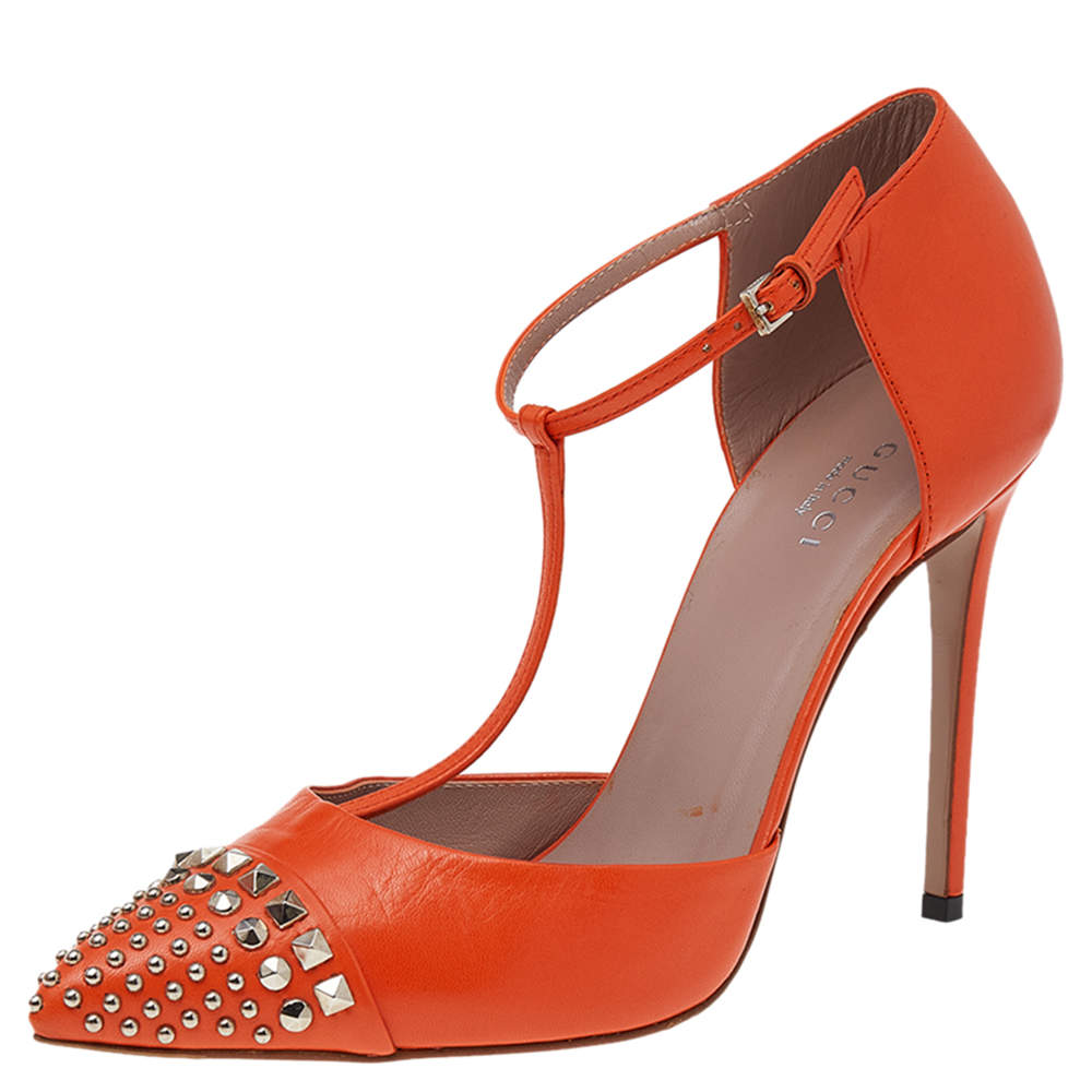 Pre Owned Gucci Orange Leather Studded Coline T-Strap Pumps Size 38