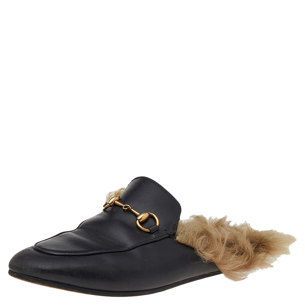 مملوكة مسبقًا Gucci Black Leather And Fur Princetown Mules Size 37.5