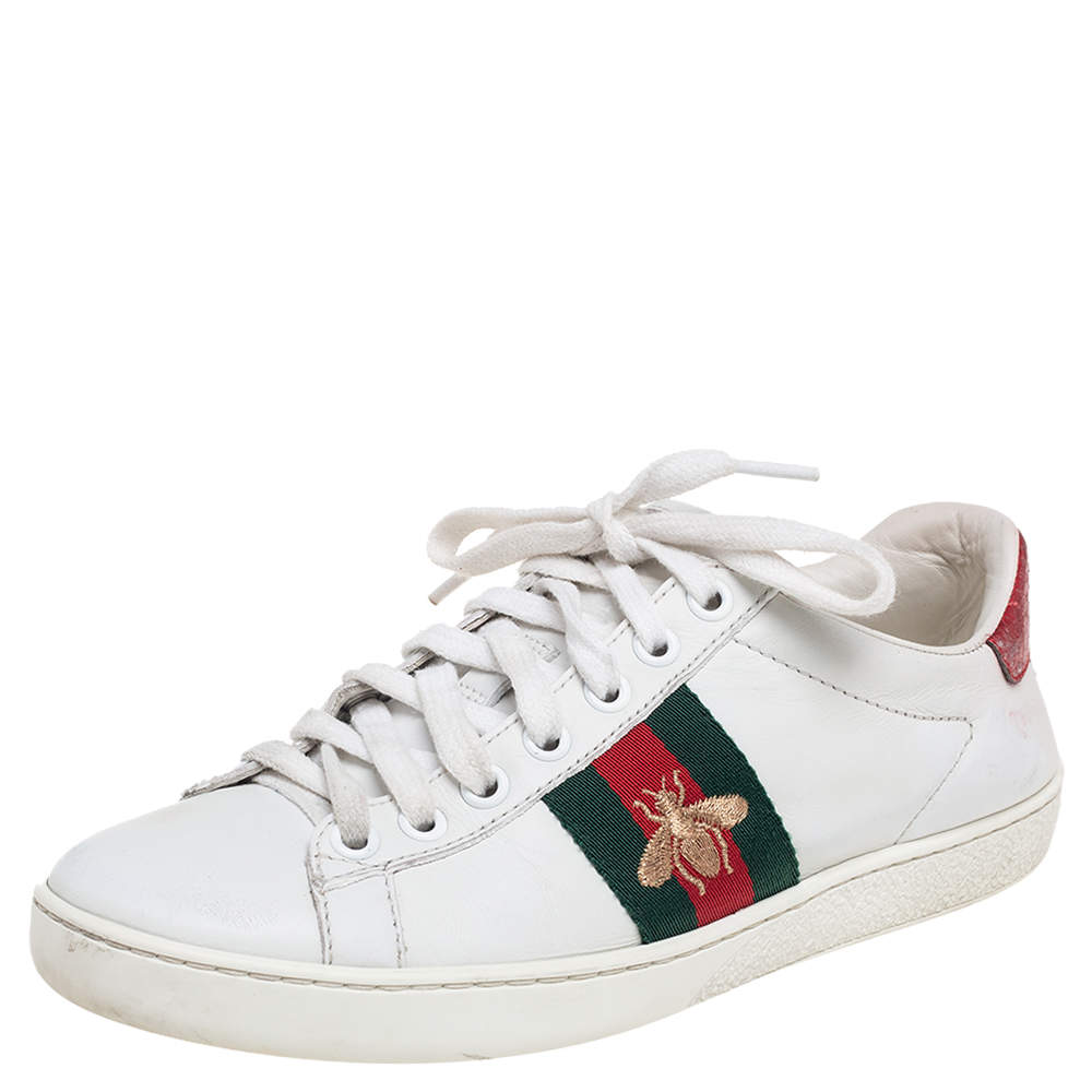Pre Owned Gucci White Leather Embroidered Bee Ace Low Top Sneakers Size 35