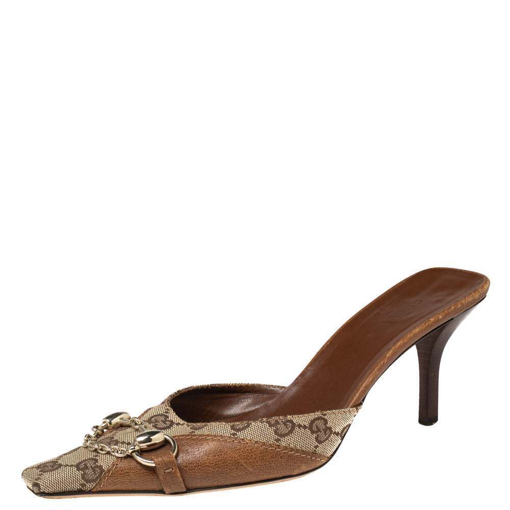 Pre Owned Gucci Beige/Brown Guccissima Canvas Horsebit And Bits Chain Slides Size 41.5