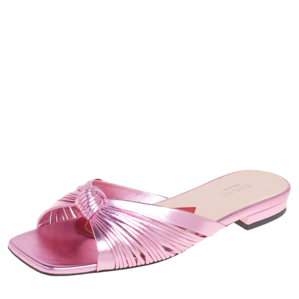 Pre Owned Gucci Metallic Rose Leather Bow Flat Sandals Size 36