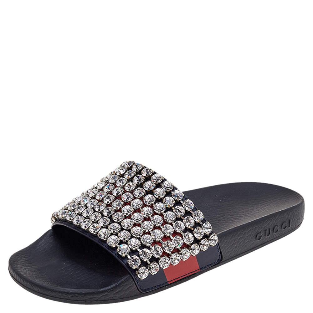 Pre Owned Gucci Black Leather Crystal-Embellished Flats Size 37