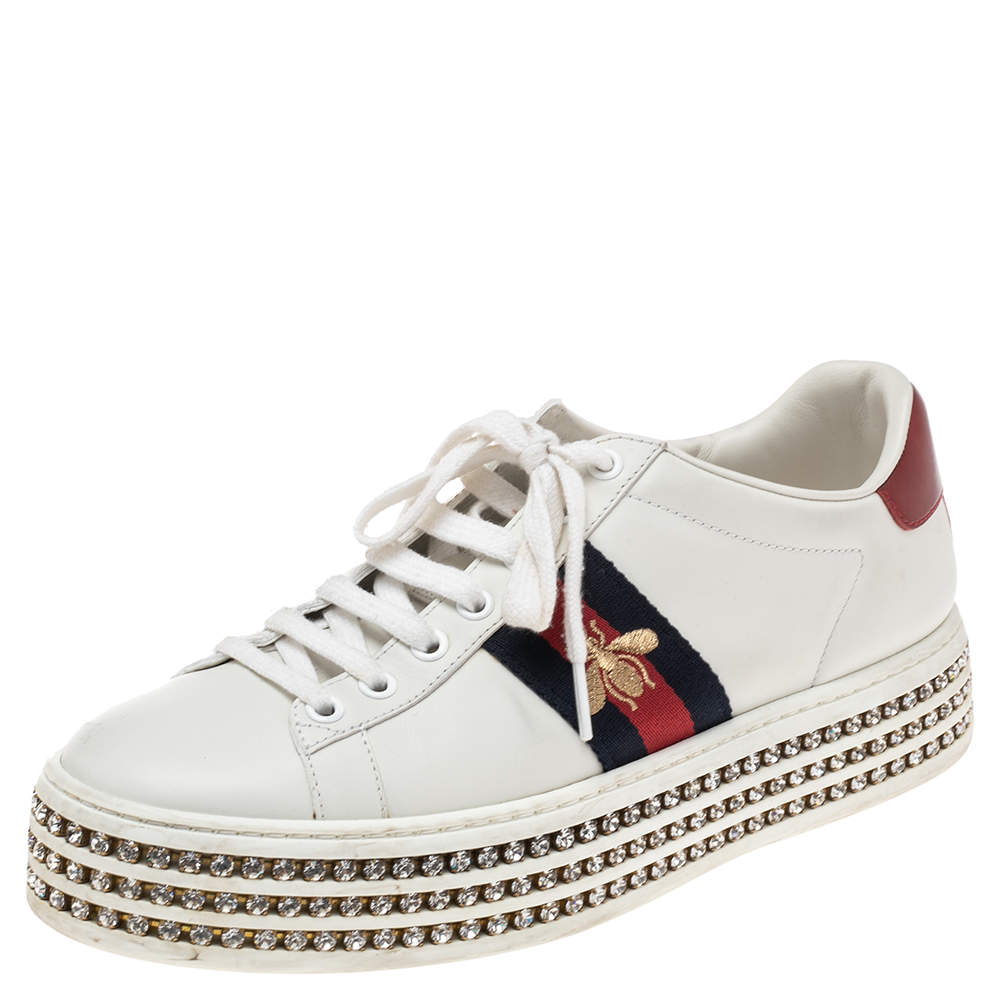 Pre Owned Gucci White Leather And Bee Web Detail New Ace Crystal Embellished Platform Sneakers Size 37.5