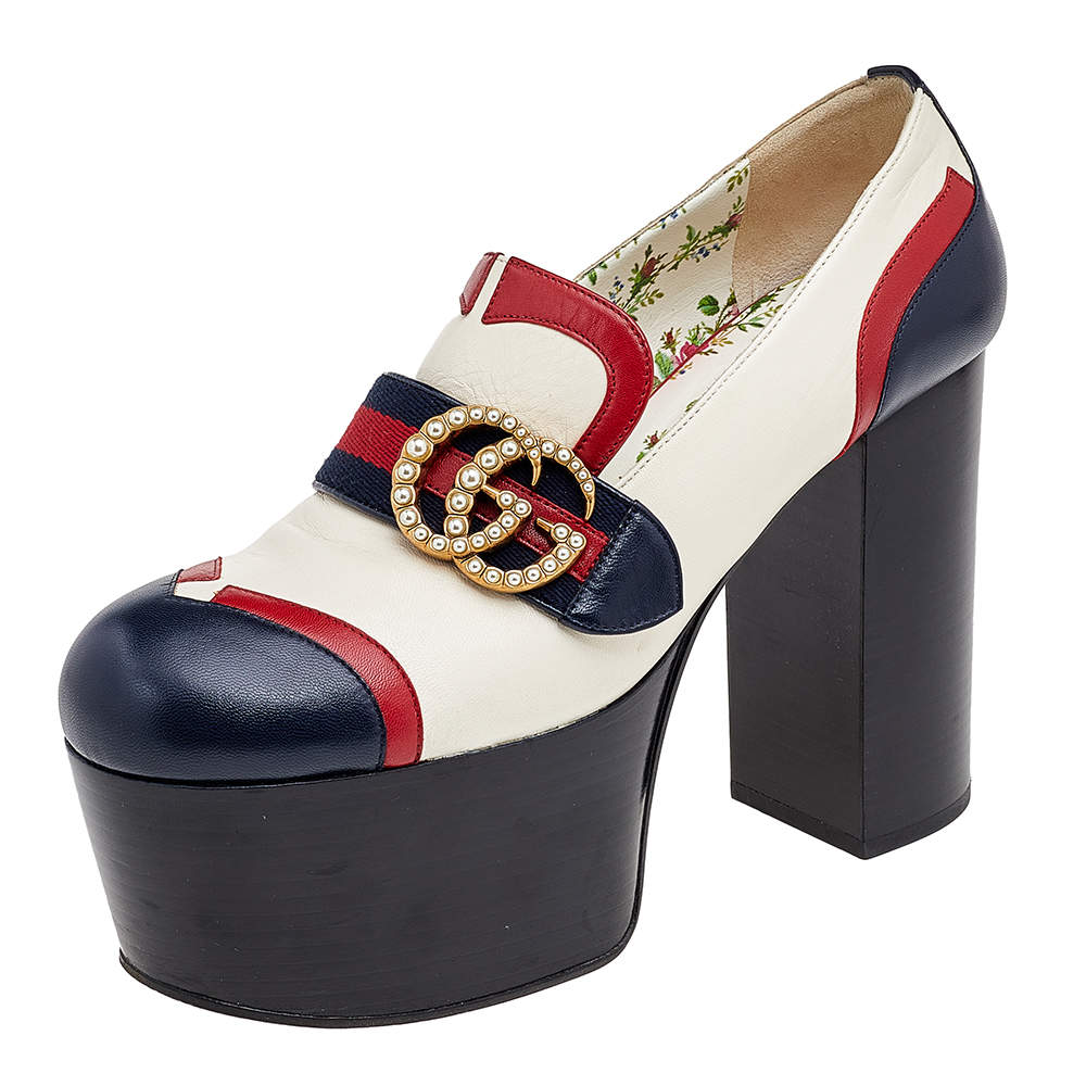 Pre Owned Gucci Multicolor Leather GG Marmont Embellished Block Heel Pumps Size 38