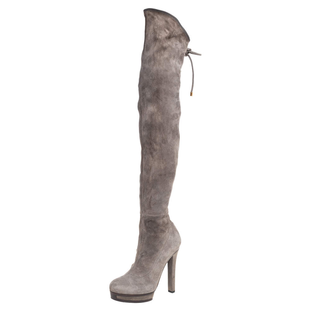 Pre Owned Gucci Grey Suede Platform Over Knee High Boots Size 37