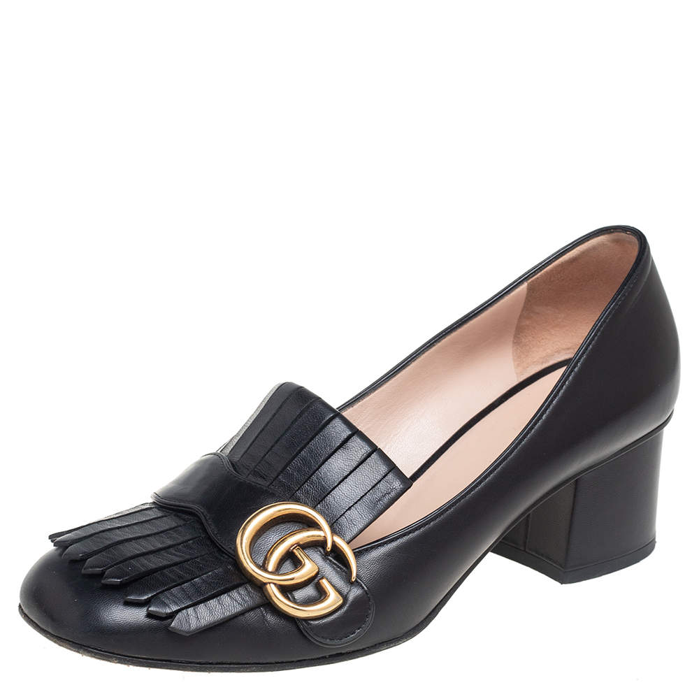 Pre Owned Gucci Black Leather Monogram Fringe Detail Mid-Heel Pumps Size 38