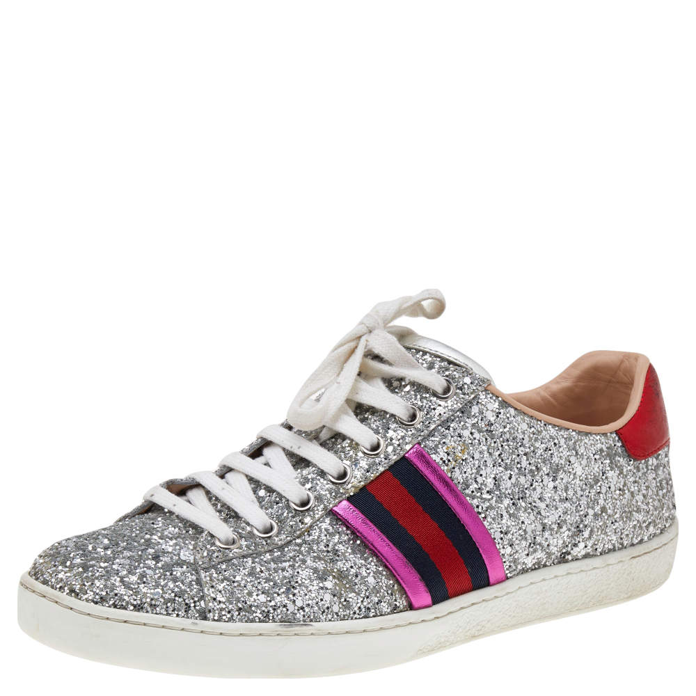 Gucci Silver Glitter And Leather Ace Web Low-top Sneakers Size 38 Gucci ...