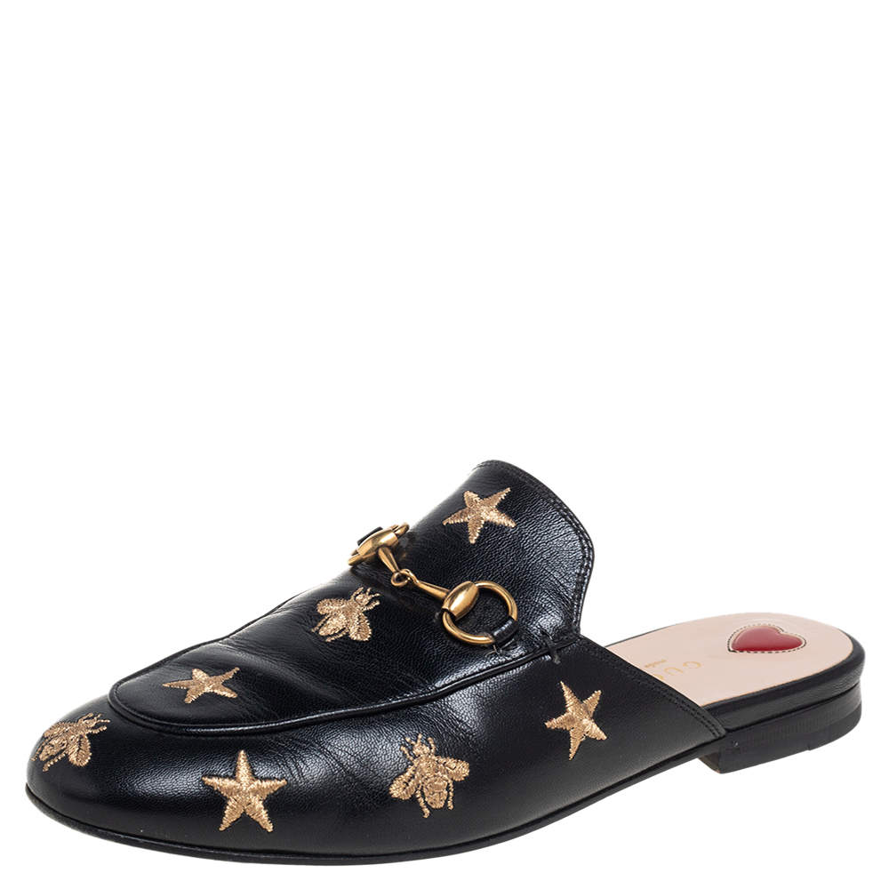 Pre Owned Gucci Black Leather Star and Bee Embroidered Princetown Mules Size 36.5