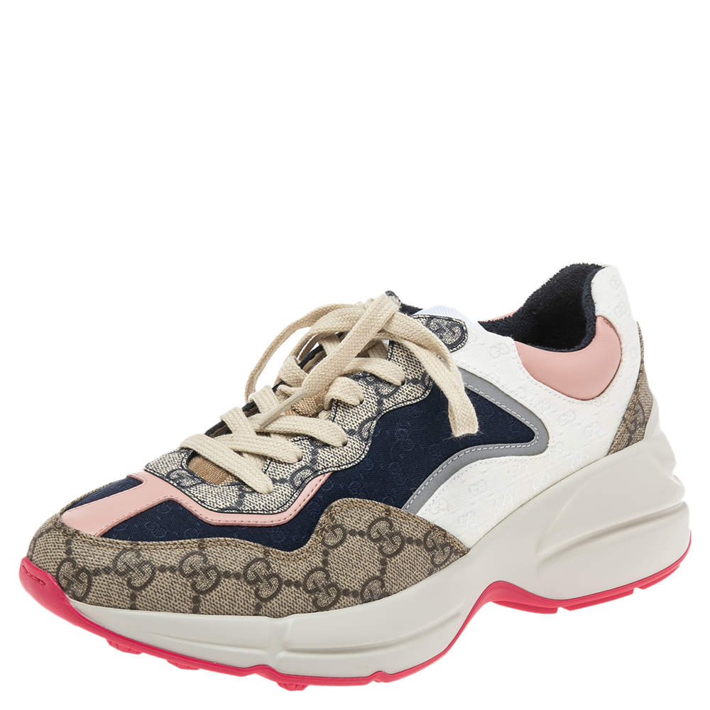 Pre Owned حذاء رياضي غوتشي أربطة كانفاس مونوغرامي وجلد بني مقاس 37