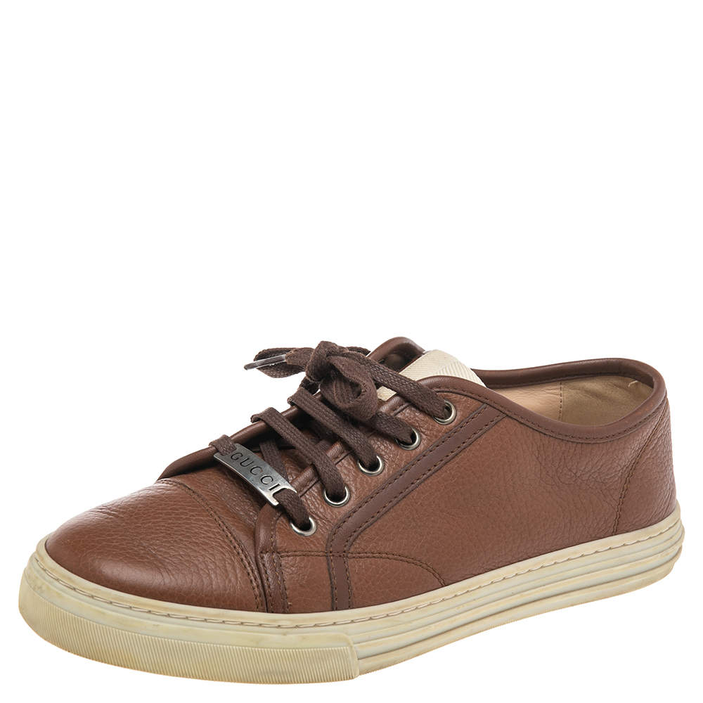 مملوكة مسبقًا Gucci Brown Leather Lace Up Sneakers Size 37.5