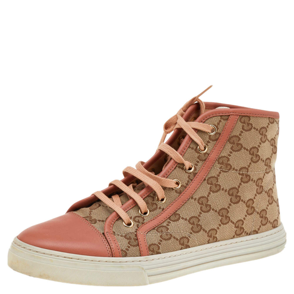 Pre Owned Gucci Peach/Beige Leather And GG Supreme Canvas High-Top Sneakers Size 40