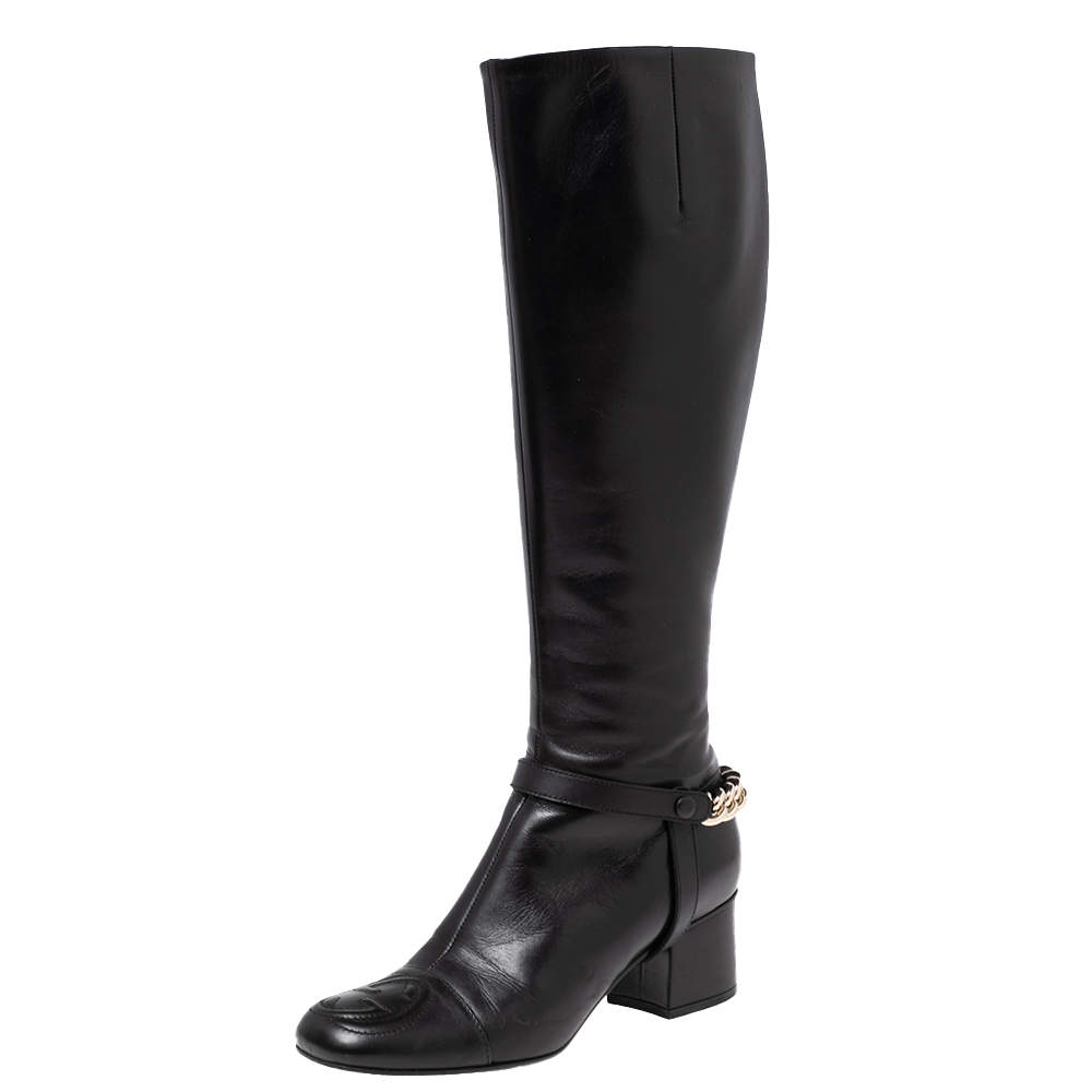 Pre Owned Gucci Black Leather Chain GG Knee Length Boots Size 37