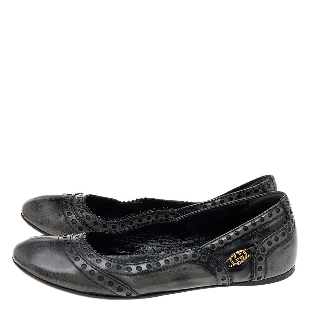 Pre Owned Gucci Black/Grey Brogue Leather Ballet Flats Size 35.5