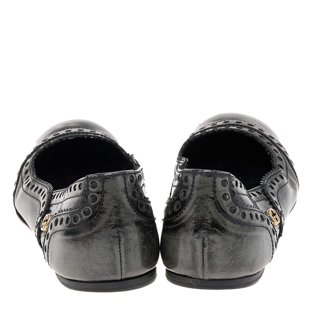 Pre Owned Gucci Black/Grey Brogue Leather Ballet Flats Size 35.5