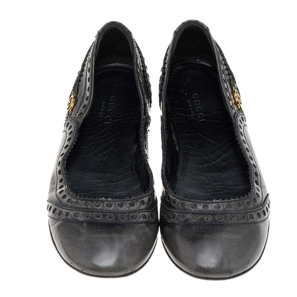 Pre Owned Gucci Black/Grey Brogue Leather Ballet Flats Size 35.5