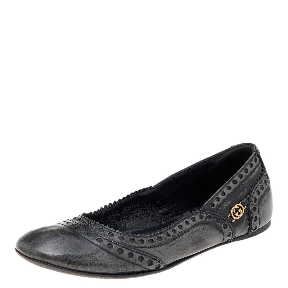Gucci Black/Grey Brogue Leather Ballet Flats Size 35.5