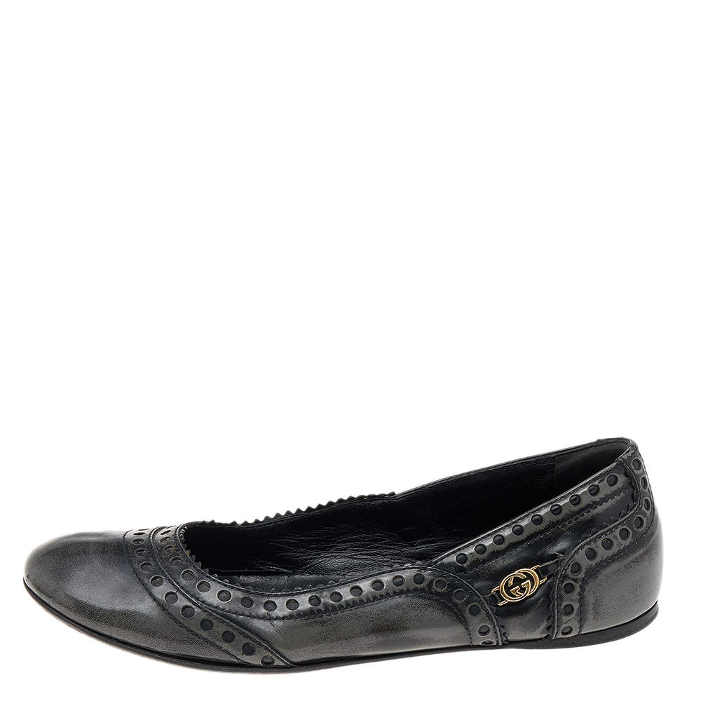 Pre Owned Gucci Black/Grey Brogue Leather Ballet Flats Size 35.5