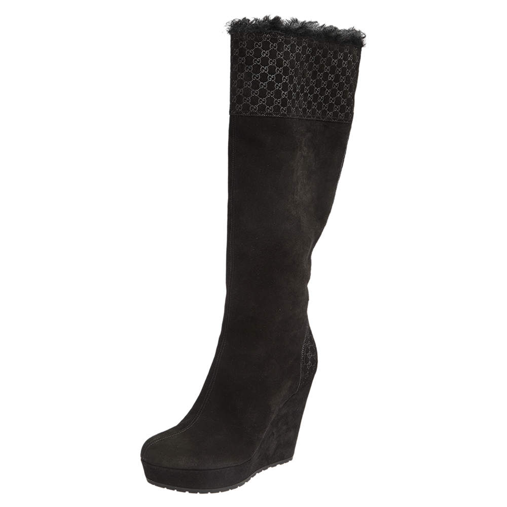 Gucci Black Suede Wedge Knee Length Boots Size 37