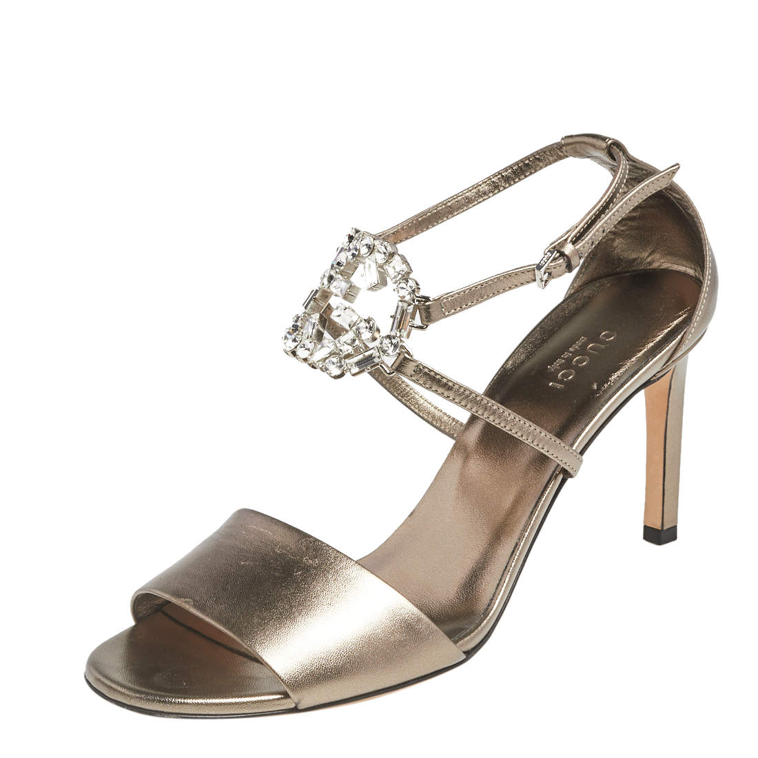 Pre Owned Gucci Metallic Leather Crystal Embellished GG Logo Ankle Strap Sandals Size 38