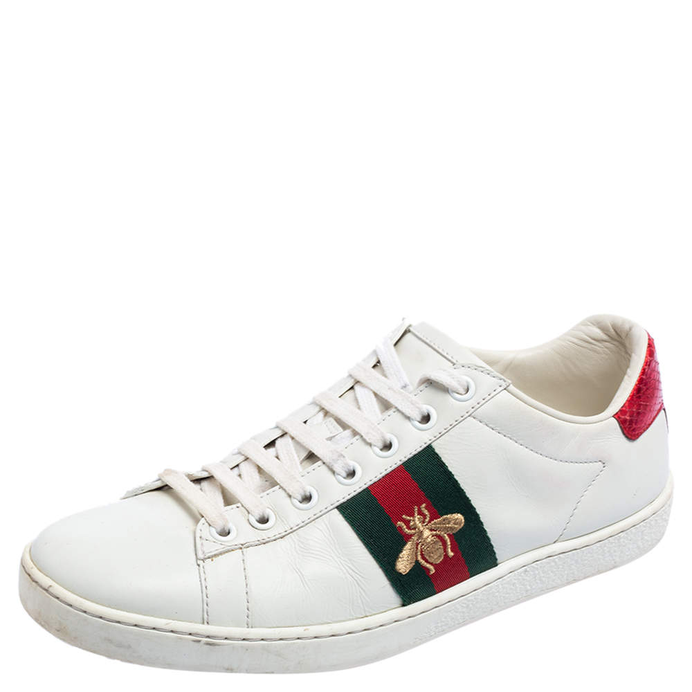 Pre Owned Gucci White Leather Embroidered Bee Ace Low-Top Sneakers Size 37.5