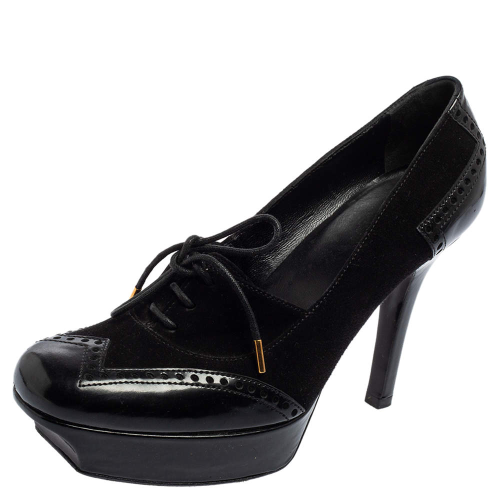 Pre Owned Gucci Black Suede And Patent Leather Platform Lace Up Booties Size 37