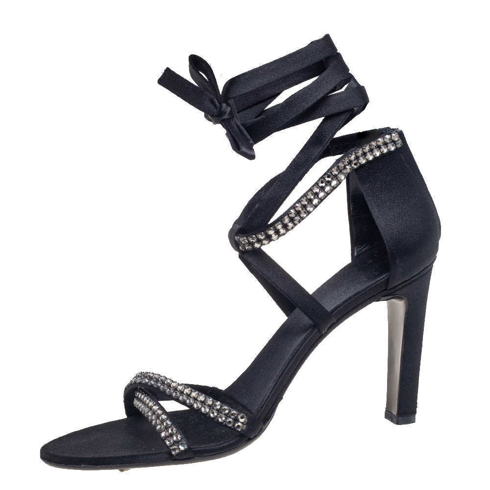 Pre Owned Gucci Black Satin Ankle Wrap Sandals Size 39.5