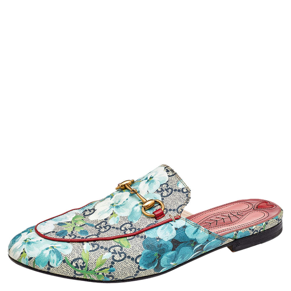 Pre Owned Gucci Blue/Grey GG Canvas Blooms Print Princetown Mules Size 38